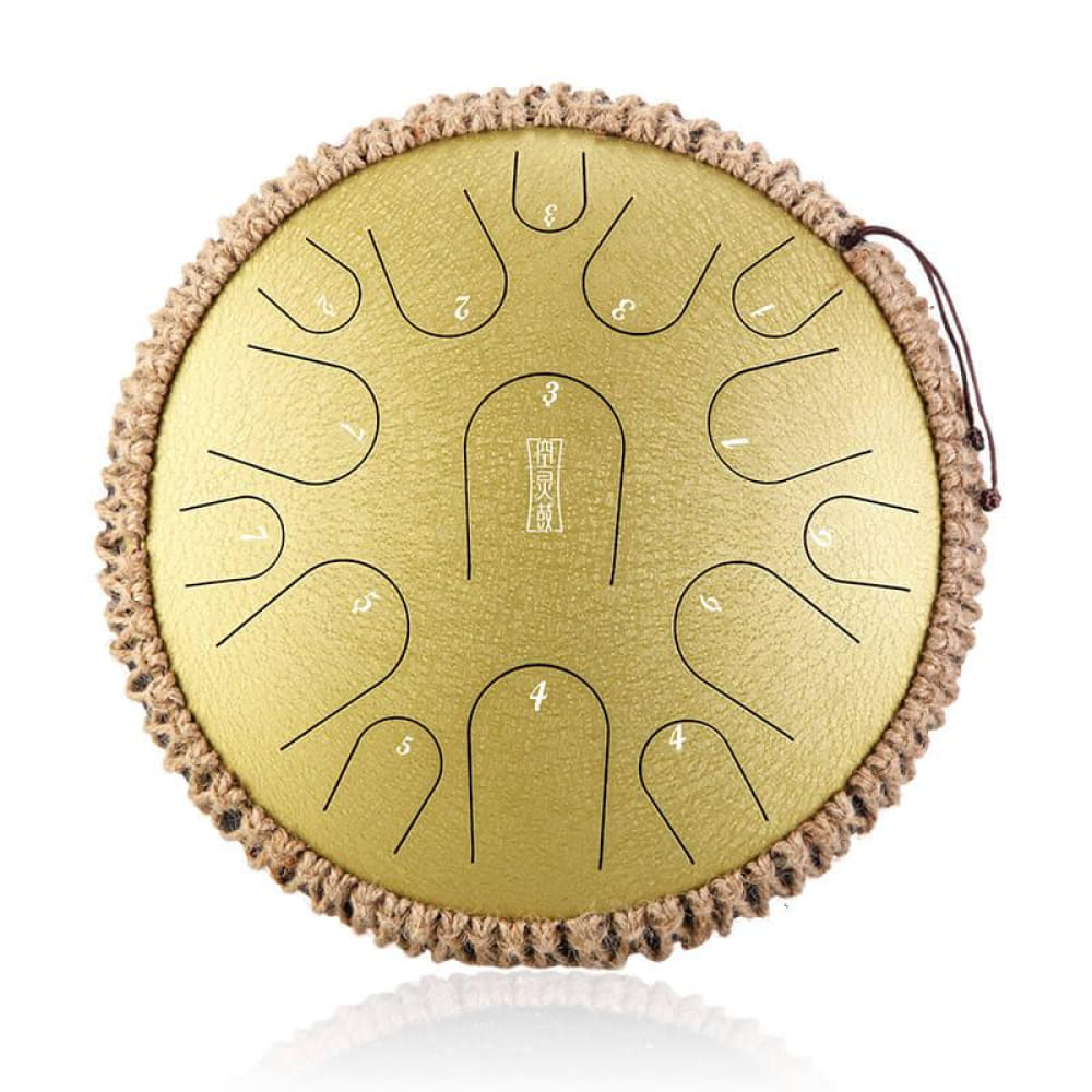Gold-colored steel tongue drum with braided rope edge, 13 Inch, 15 Notes, D & C Major