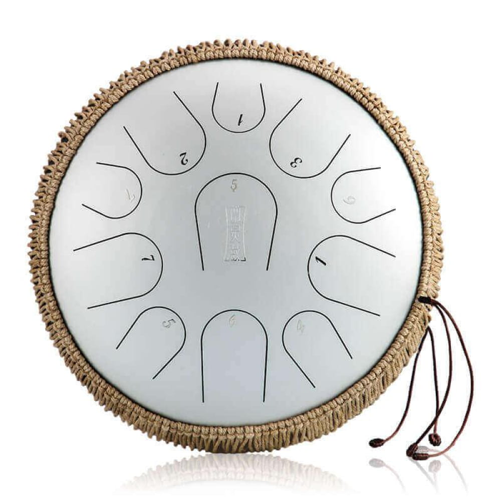 Steel tongue drum with decorative border and tassels for meditation in C Major