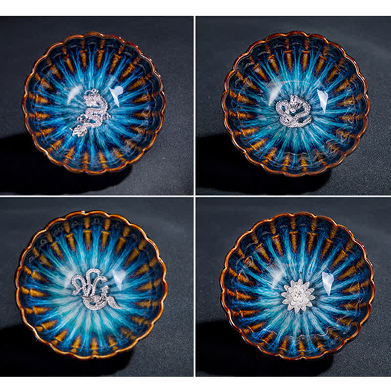 130ml Lotus Dragon Ceramic Tea Cup with Auspicious Inlaid Art