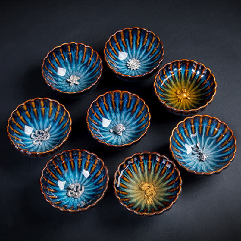 130ml Lotus Dragon Ceramic Tea Cup with Auspicious Inlaid Art