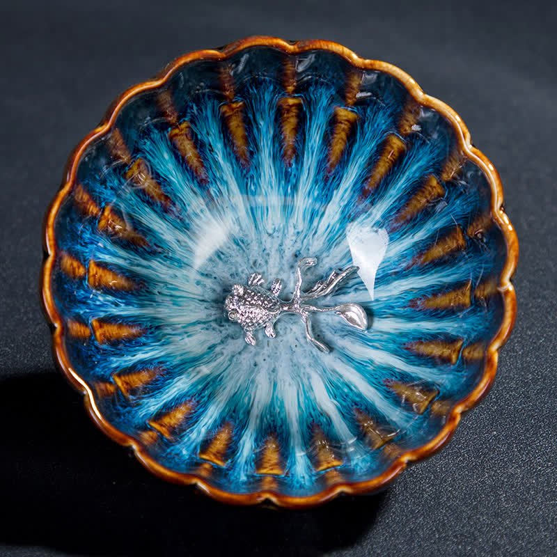 130ml Lotus Dragon Ceramic Tea Cup with Auspicious Inlaid Art