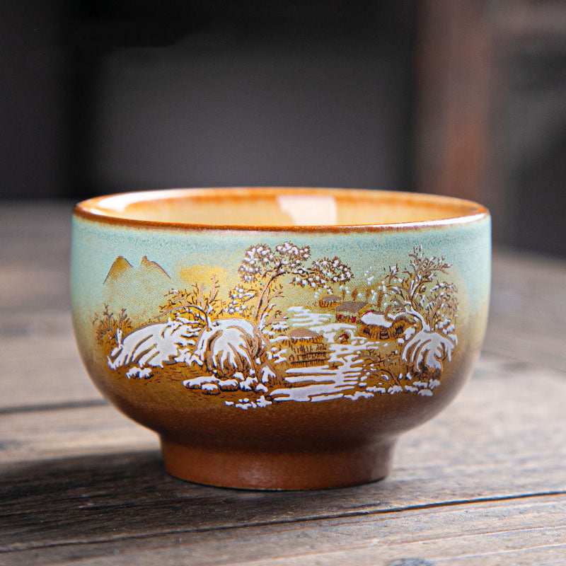 Ceramic Zen Teacup with Deer & Mountain Designs 150ml