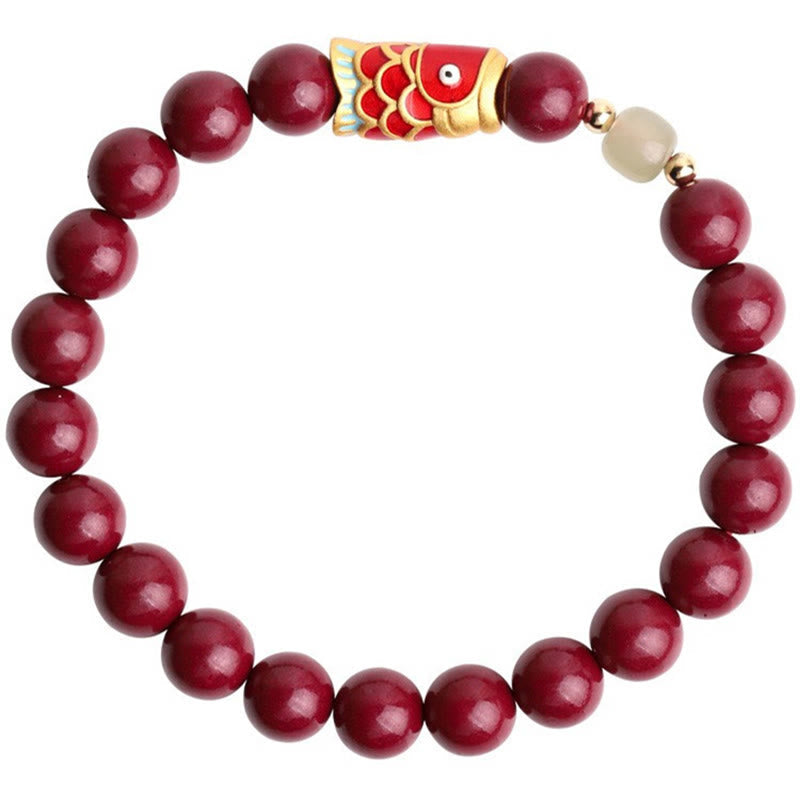 8mm Hetian Jade Blessing Bracelet with Cinnabar Koi Fish