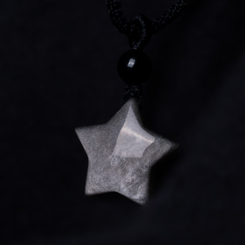 Silver Sheen Obsidian Protection Necklace with Star & Moon