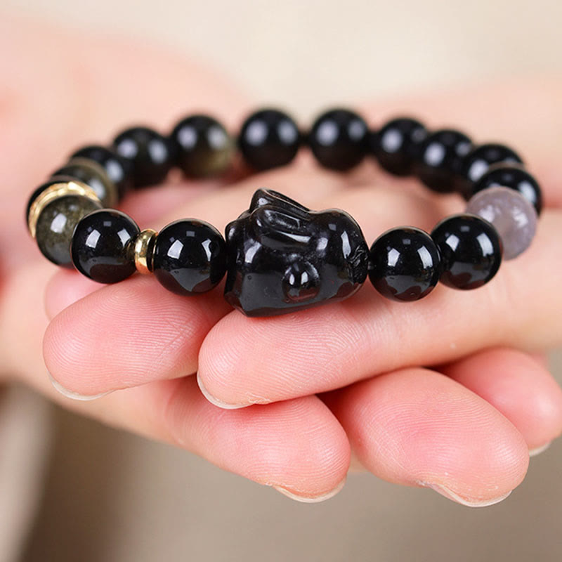 8mm Gold Sheen Obsidian Protection Bracelet with Rabbit Charm