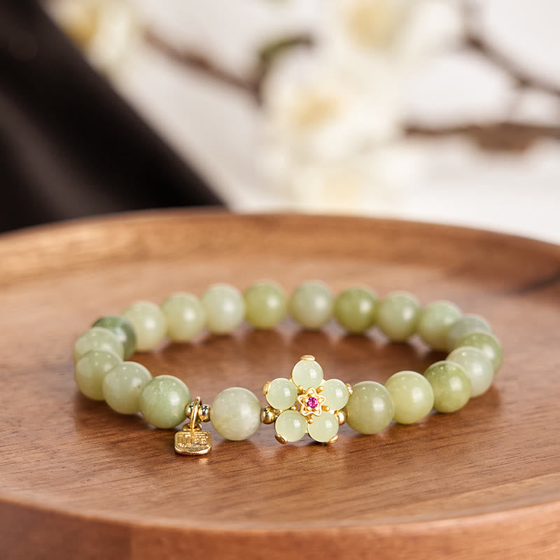 14-16cm Green Jade Flower Fu Character Luck Bracelet