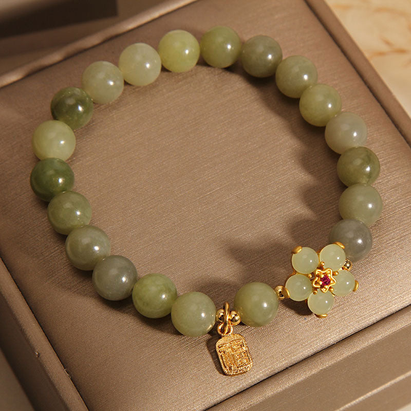 14-16cm Green Jade Flower Fu Character Luck Bracelet