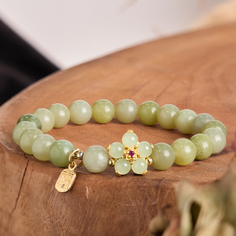 14-16cm Green Jade Flower Fu Character Luck Bracelet