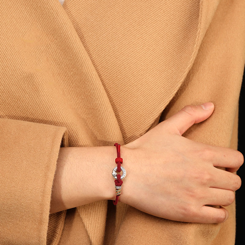14-17cm Dark Red String 999 Sterling Silver Peace Buckle Strength Bracelet
