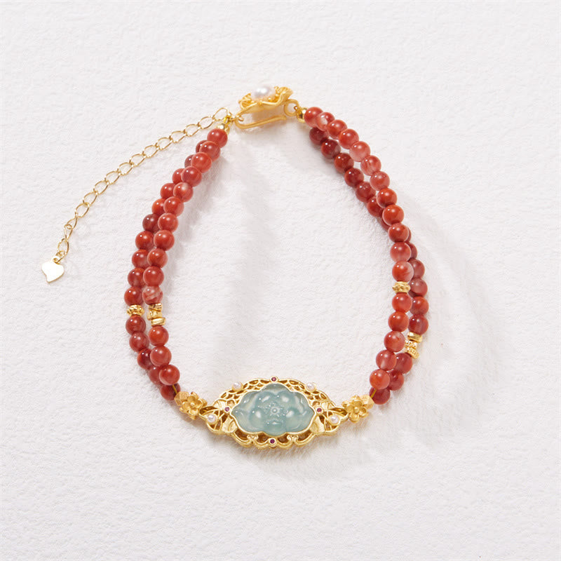 14-18cm Red Agate Jade Lotus Calm Double Layer Bracelet