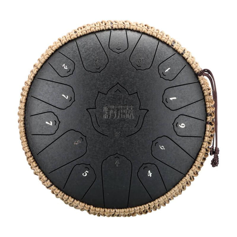 Black steel tongue drum with rope trim, 14-Inch 15-Note C Major Steel Tongue Drum