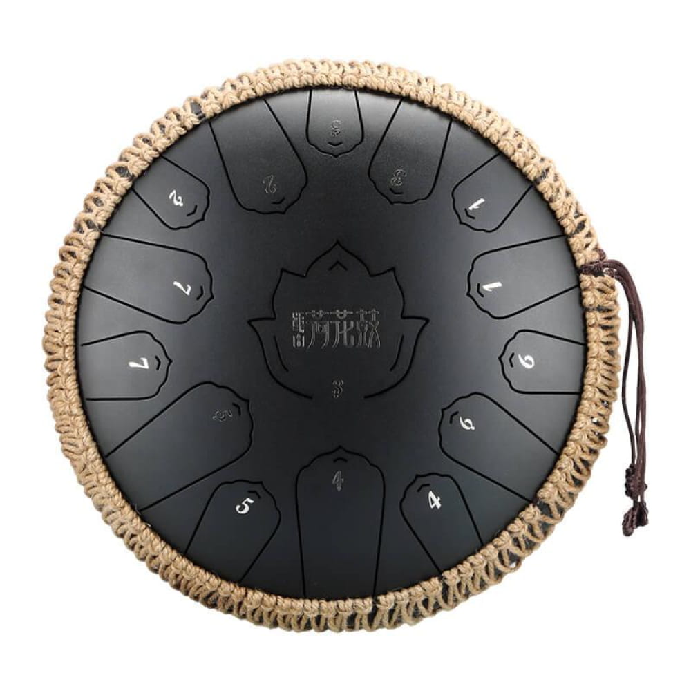 Black steel tongue drum with rope trim, 14-Inch 15-Note C Major model