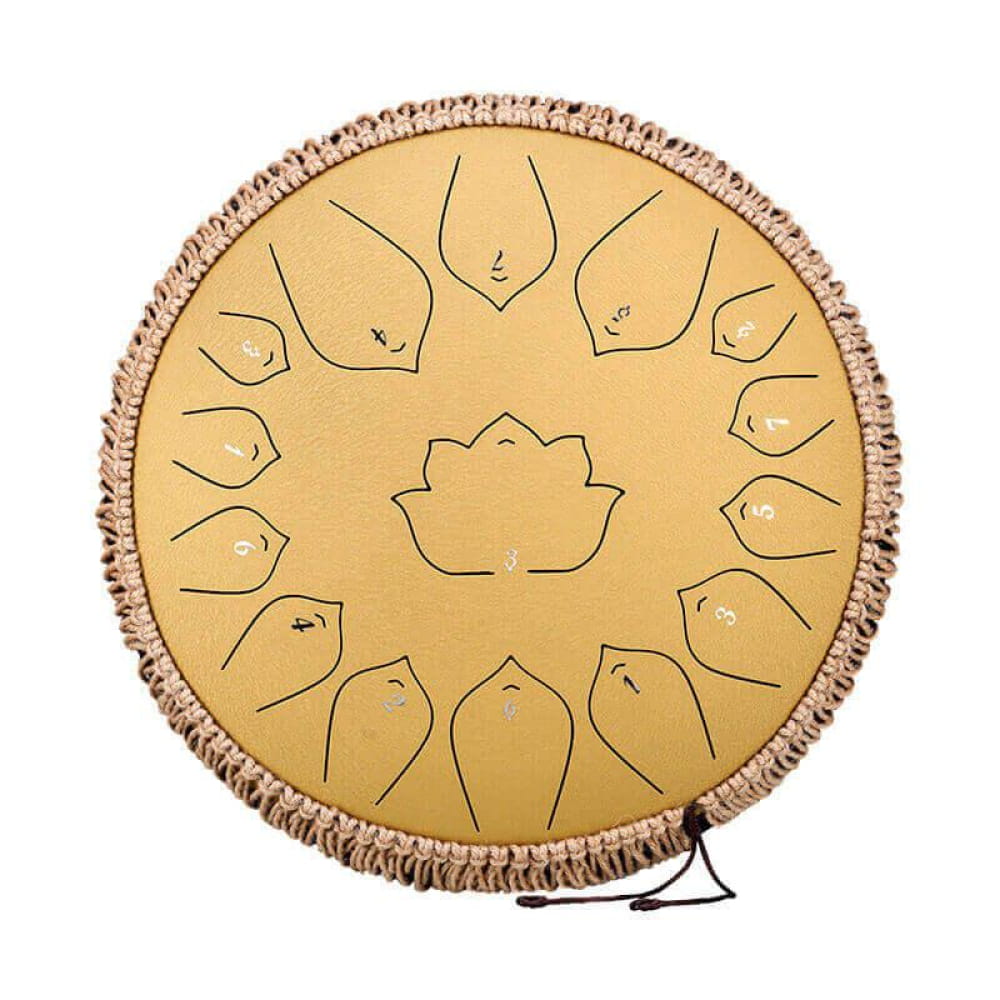 Circular golden drum featuring a lotus pattern and rope-wrapped edges in C Major