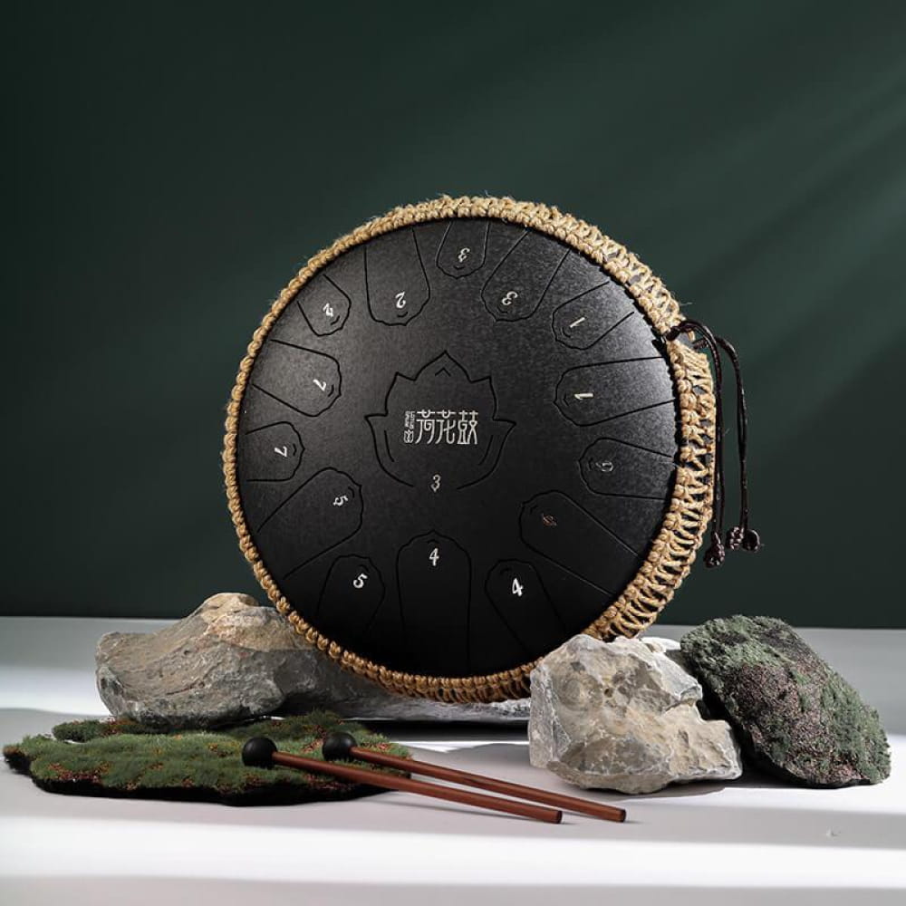 Black steel tongue drum with decorative woven rim 14-Inch 15-Note C Major Steel Tongue Drum