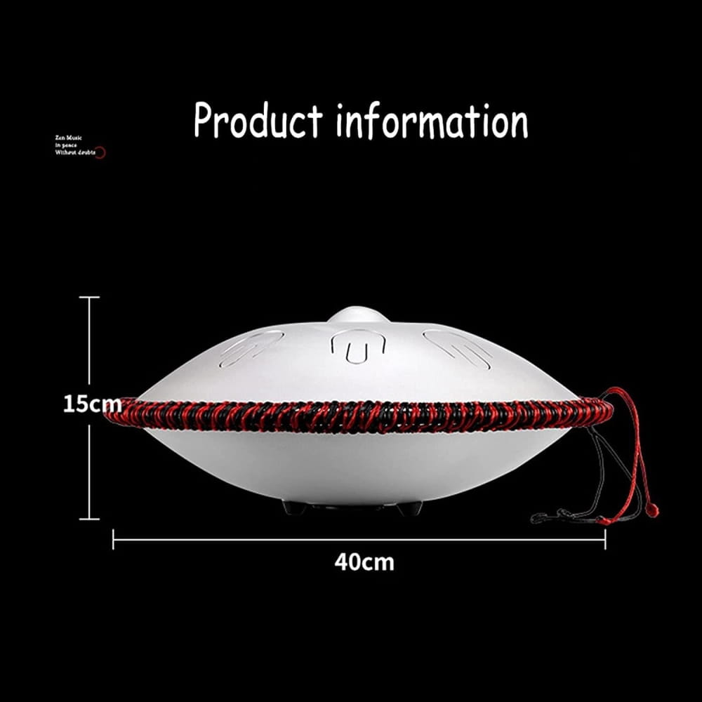 White UFO-style lamp with red cord trim next to 14 Inch 9 Note D Minor Tongue Drum