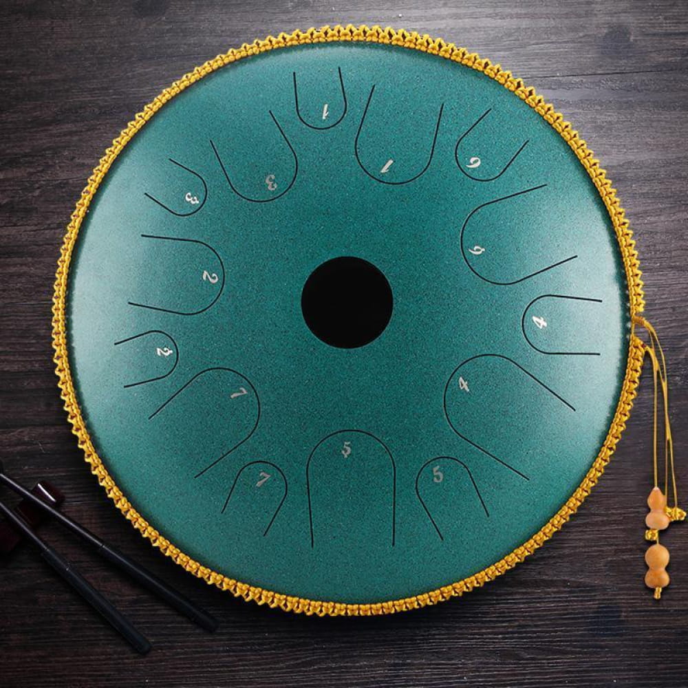Teal steel tongue drum with gold trim, 14-Inch Alloy Copper, 14 Notes C Key