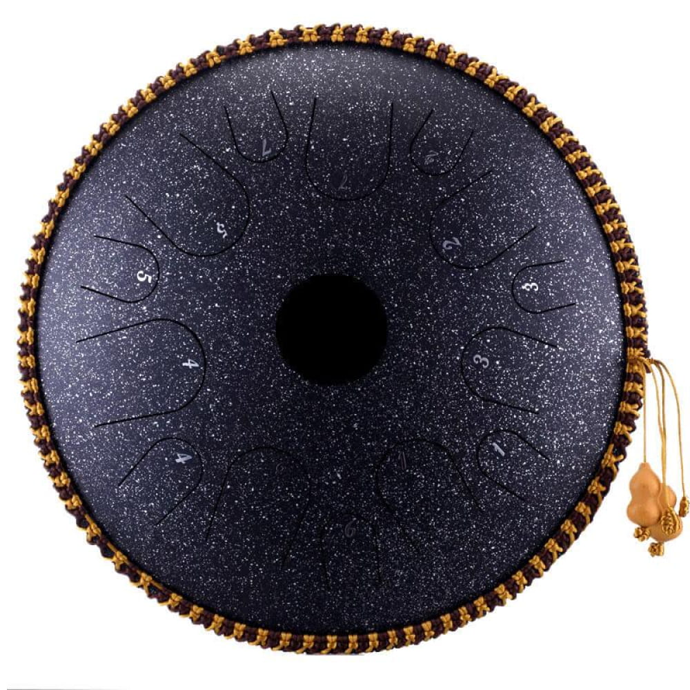 Black foam roller with gold zipper trim and pull cord for 14-Inch Alloy Copper Steel Tongue Drum