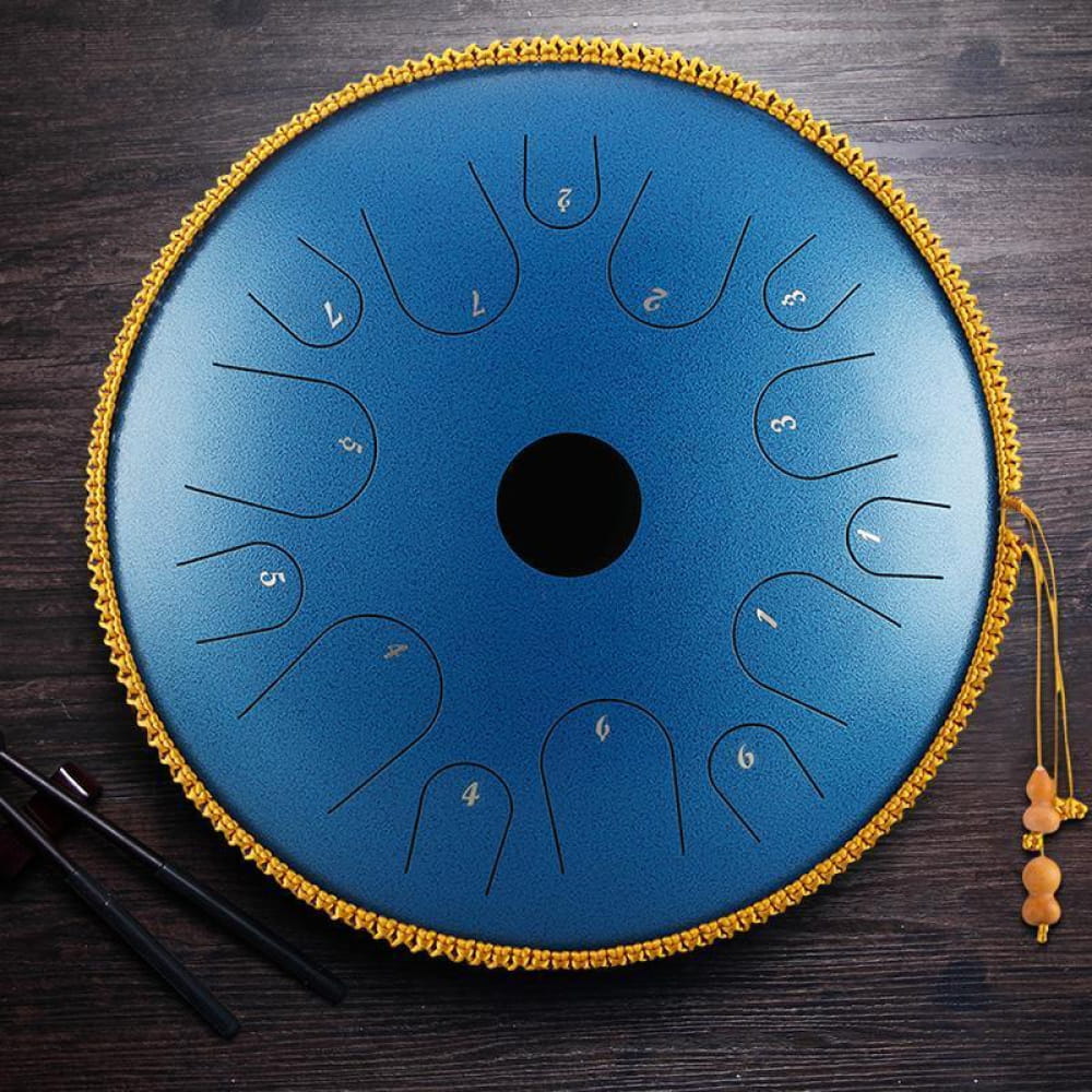 Blue steel tongue drum with gold trim and etched markers in C key, 14-inch design