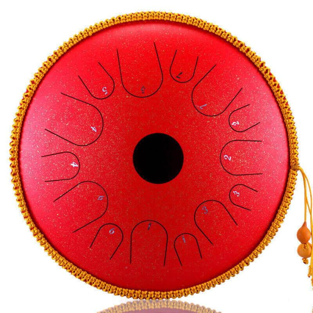 14 Inch C Key Steel Tongue Drum with 14 Notes, red with gold trim and tassels
