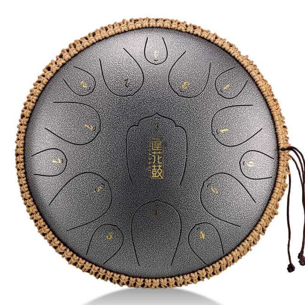 14-Inch Carbon Steel Tongue Drum with 13 pads and decorative rope edging design