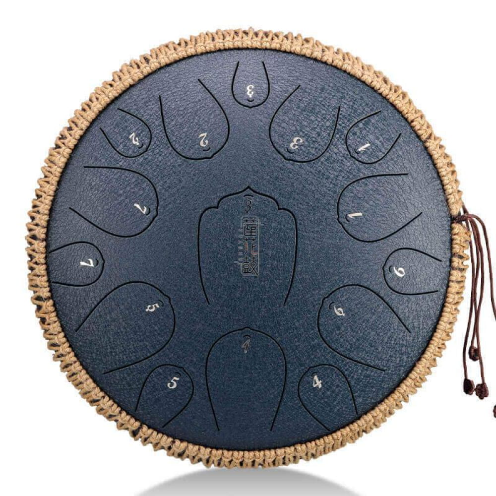 Steel tongue drum with a rope border and numbered tone zones in D key