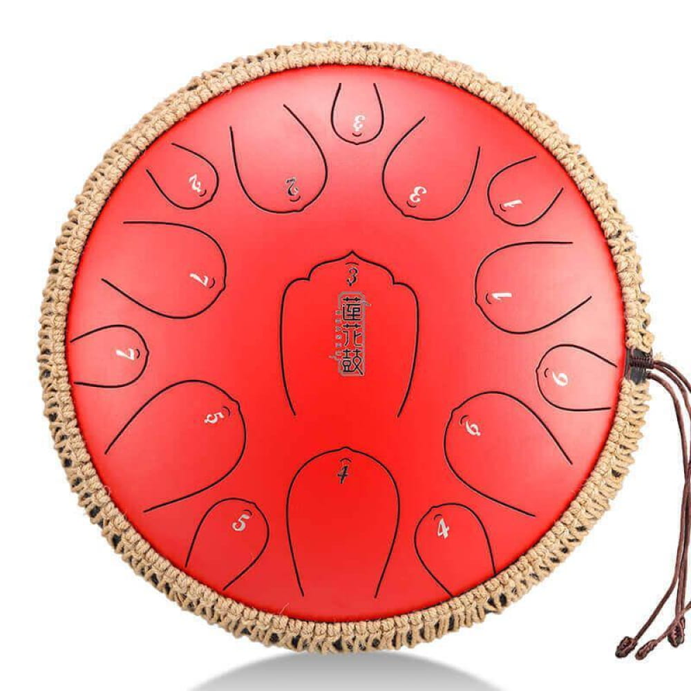 Red steel tongue drum with fringe trim in 14-Inch Carbon Steel, 15-Note D Key
