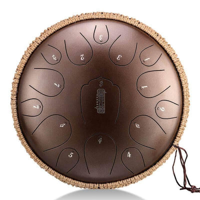 Steel tongue drum with 15 notes in C key and woven rim border, 14 inch design