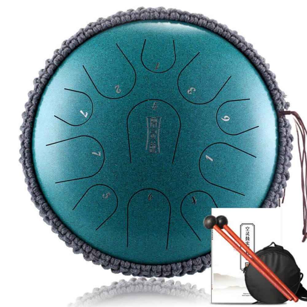 Teal 14-Inch Titanium Steel Tongue Drum with knitted edge cover and mallets