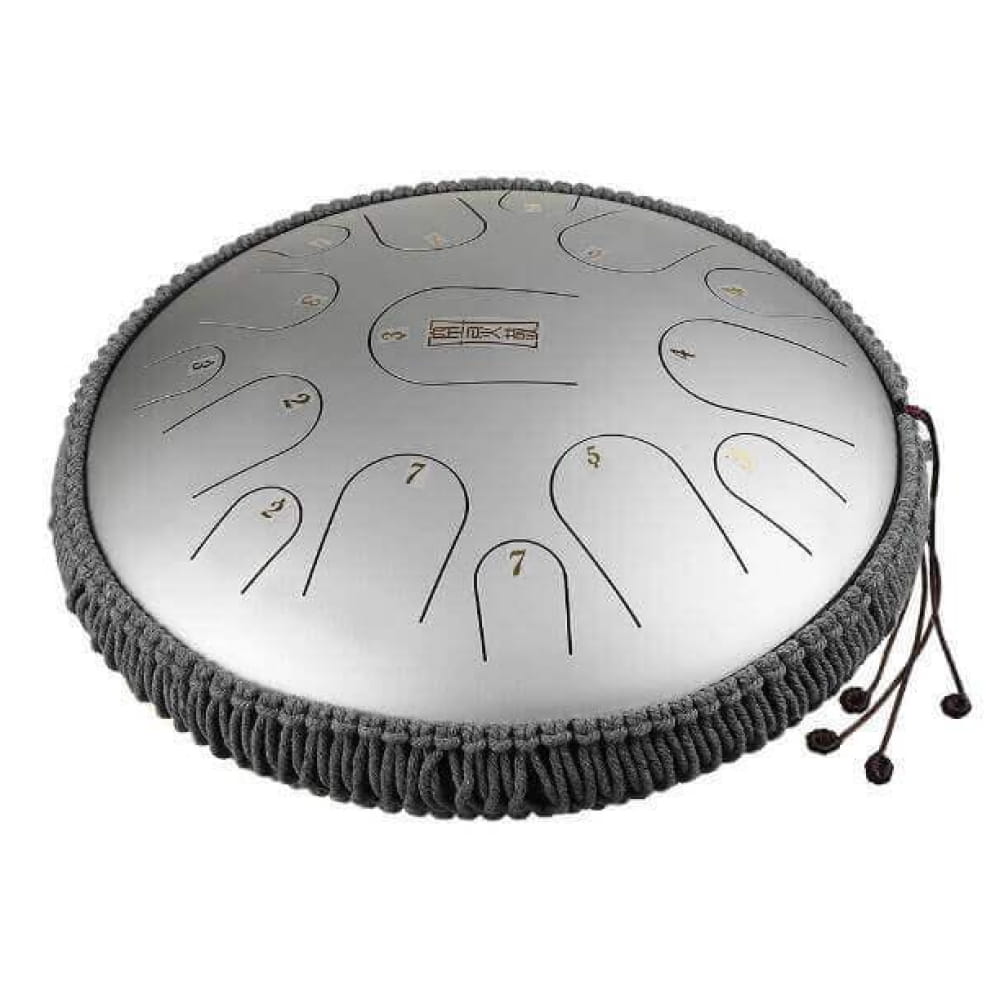 Circular Titanium Steel Tongue Drum with fringed border and 15 tuned notes