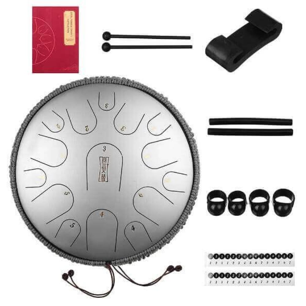 14 Inch Titanium Steel Tongue Drum featuring 15 tuned notes in a circular pattern
