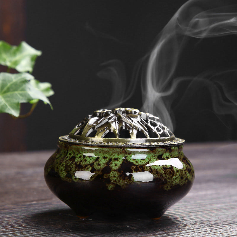 Flower Pattern Ceramic Incense Burner for Meditation & Blessing