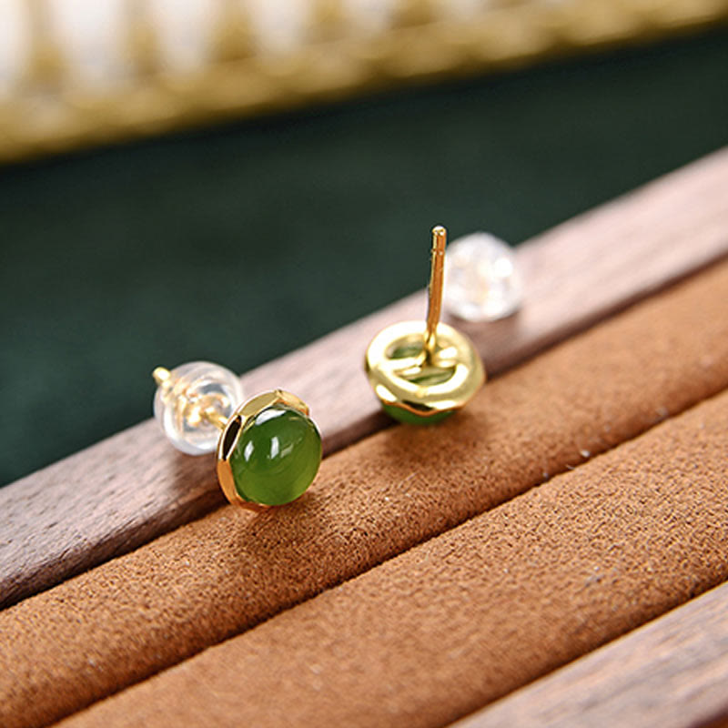 8mm Cyan Jade Stud Earrings in Sterling Silver Gold Plated for Luck