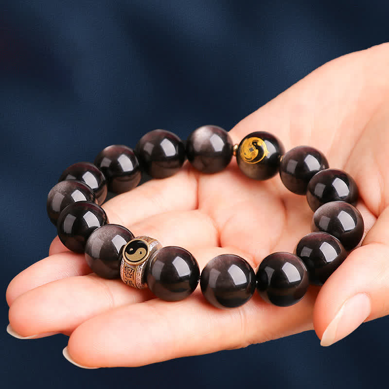 10mm Yin Yang Obsidian Protection Bracelet Sterling Silver