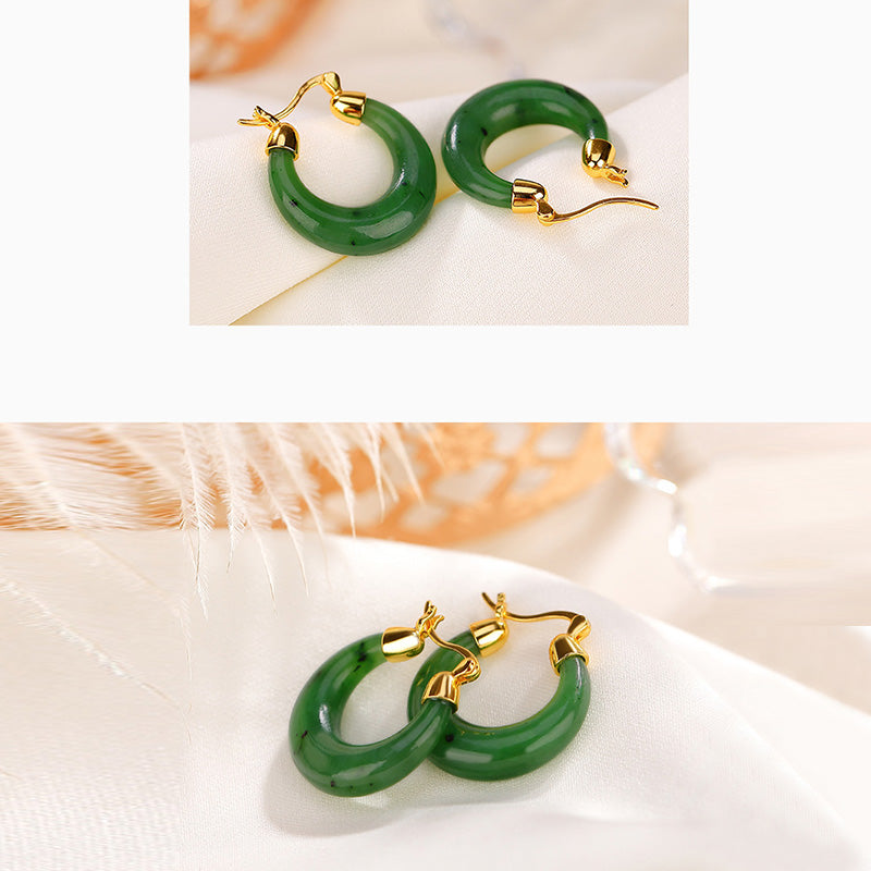 23mm Hetian Cyan Jade Gold Plated Luck Drop Earrings
