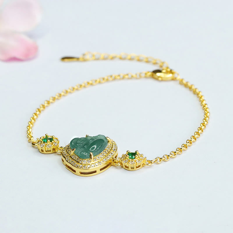 14cm Green Jade Laughing Buddha Zircon Luck Bracelet