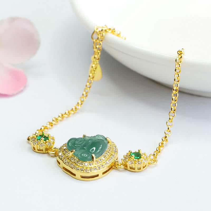 14cm Green Jade Laughing Buddha Zircon Luck Bracelet