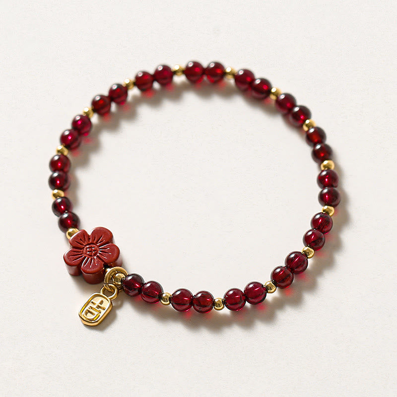 14K Gold Garnet Cinnabar Flower Calm Bracelet