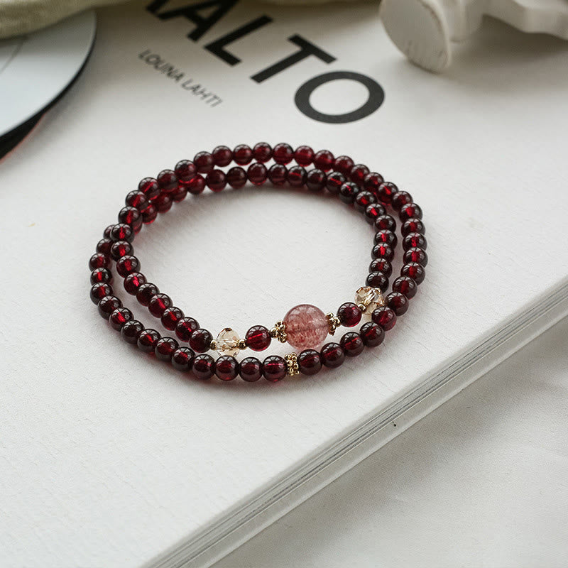 14K Gold Garnet Strawberry Quartz Stability Bracelet