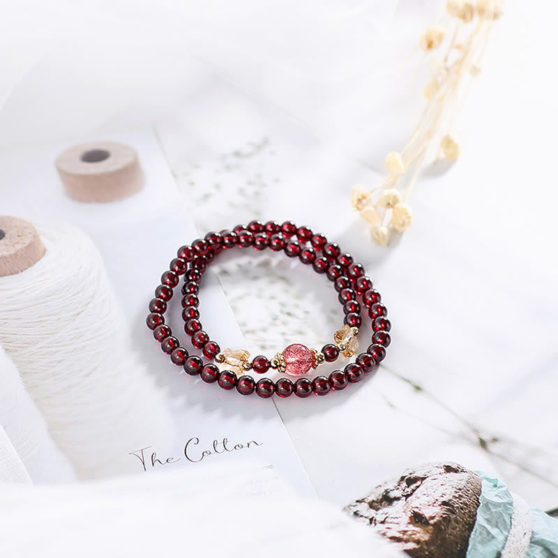 14K Gold Plated Garnet Strawberry Quartz Double Wrap Bracelet