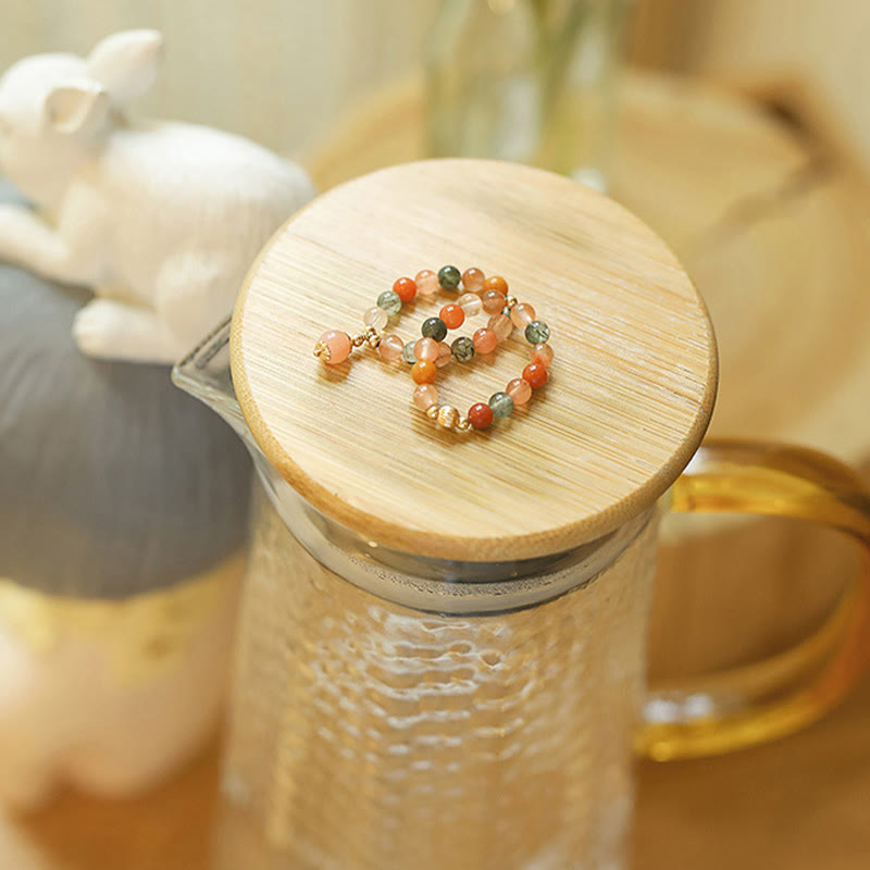 14k Gold Plated Peach Moonstone Fu Lu Shou Ring for Happiness