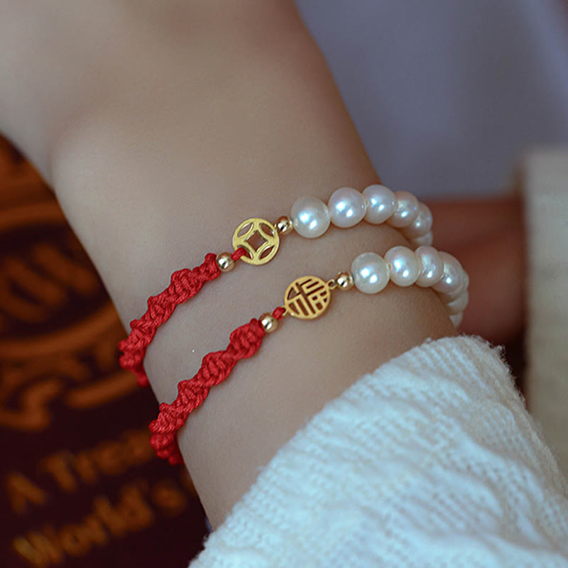 14K Gold Plated Pearl Luck Protection Red String Bracelet