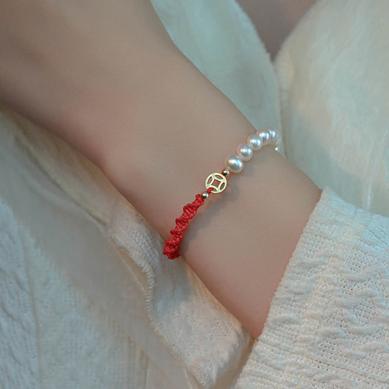 14K Gold Plated Pearl Luck Protection Red String Bracelet