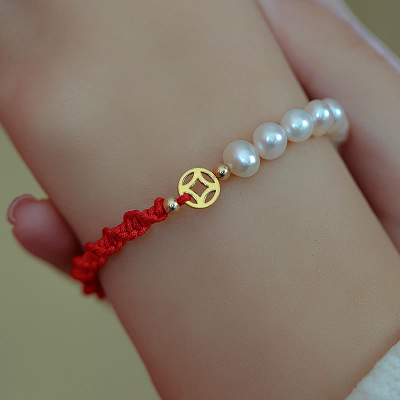 14K Gold Plated Pearl Luck Protection Red String Bracelet
