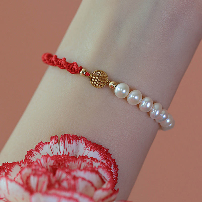 14K Gold Plated Pearl Luck Protection Red String Bracelet