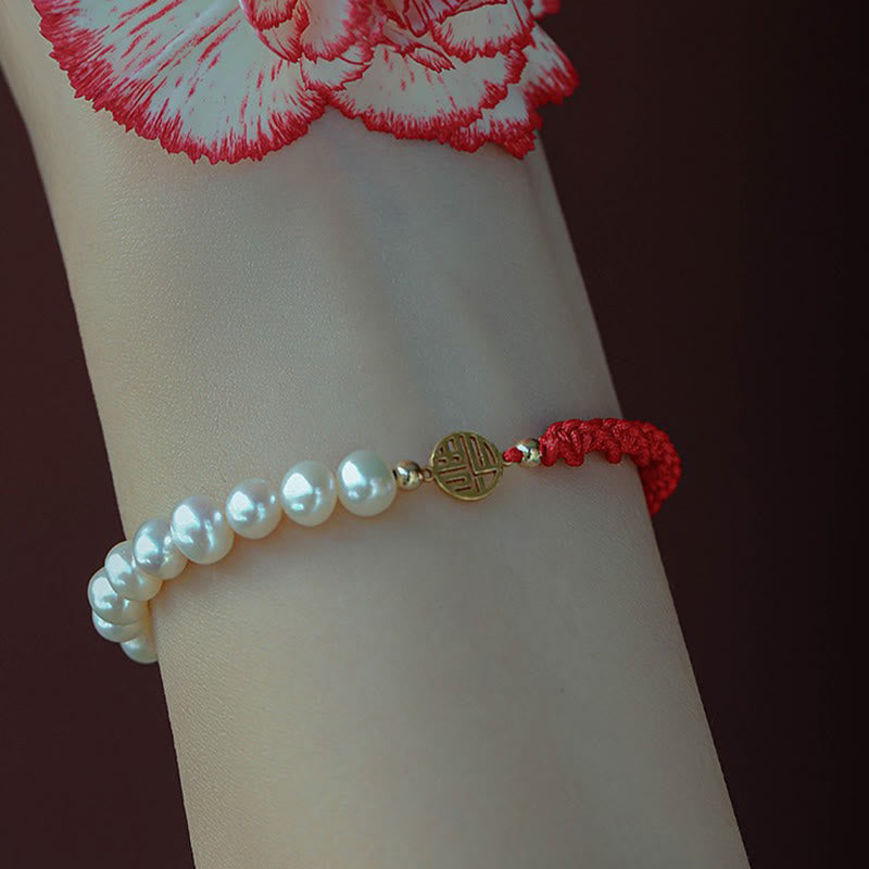 14K Gold Plated Pearl Luck Protection Red String Bracelet