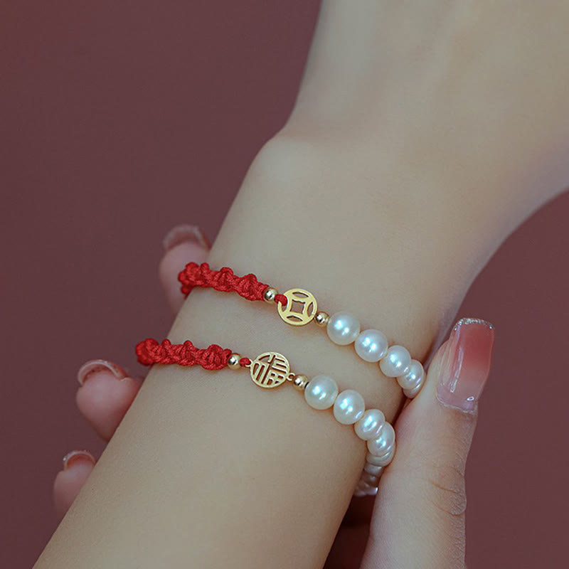 14K Gold Plated Pearl Luck Protection Red String Bracelet