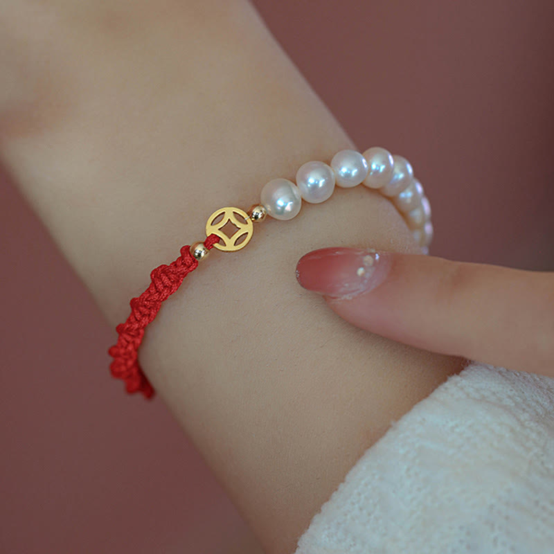 14K Gold Plated Pearl Luck Protection Red String Bracelet