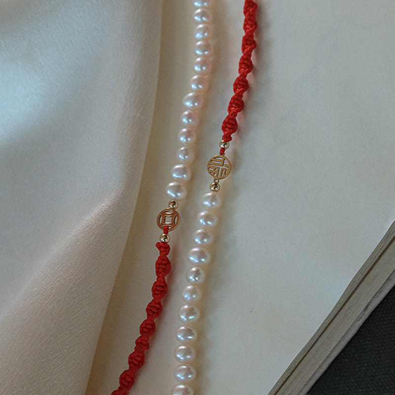 14K Gold Plated Pearl Luck Protection Red String Bracelet