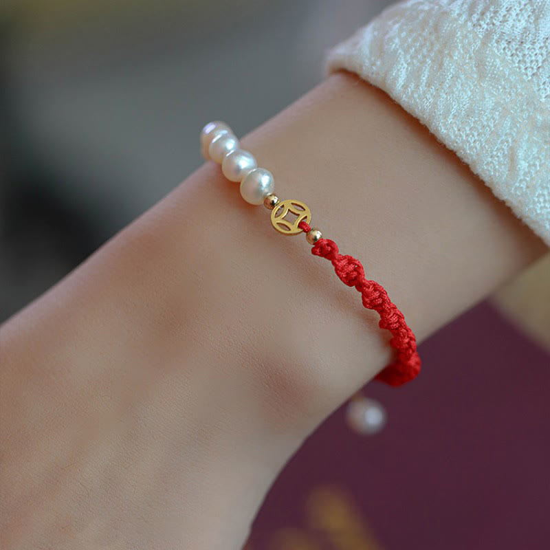 14K Gold Plated Pearl Luck Protection Red String Bracelet