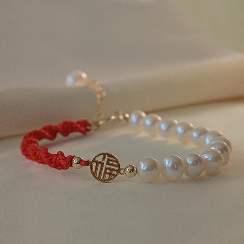 14K Gold Plated Pearl Luck Protection Red String Bracelet
